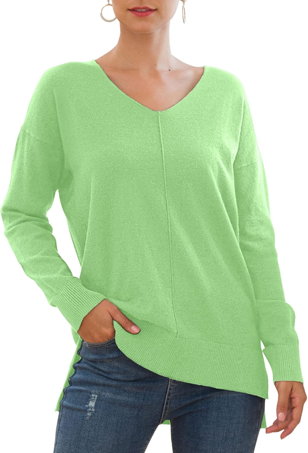 Jouica Womens Casual Lightweight V Neck Batwing Sleeve Knit Top Loose Pullover Sweater