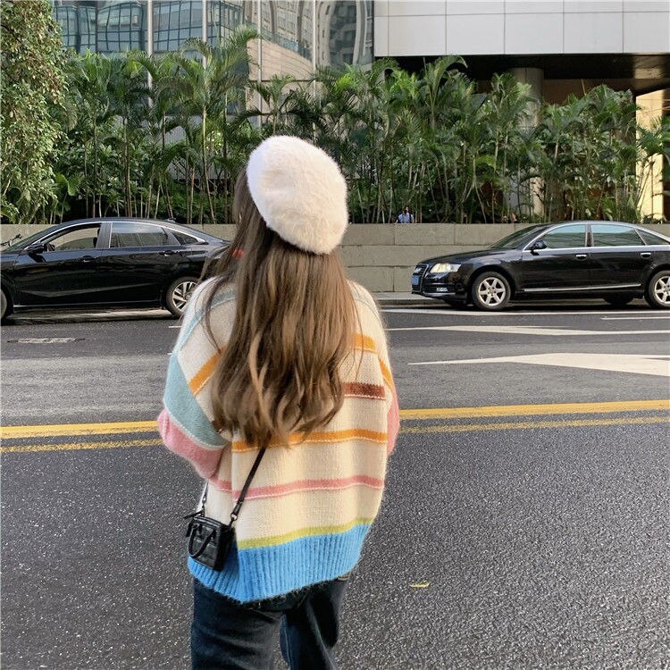 Autumn Winter Sweater Women Rainbow Stripe Jumpers O-neck Long Sleeve Loose Soft Knit Sweaters Womens Clothing Y2k Top Pullover