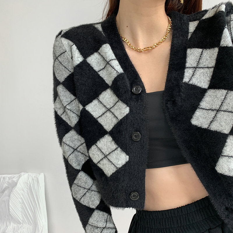 Long Sleeve Jacket Retro Soft Waxy Comfortable Plaid Knit Cardigan