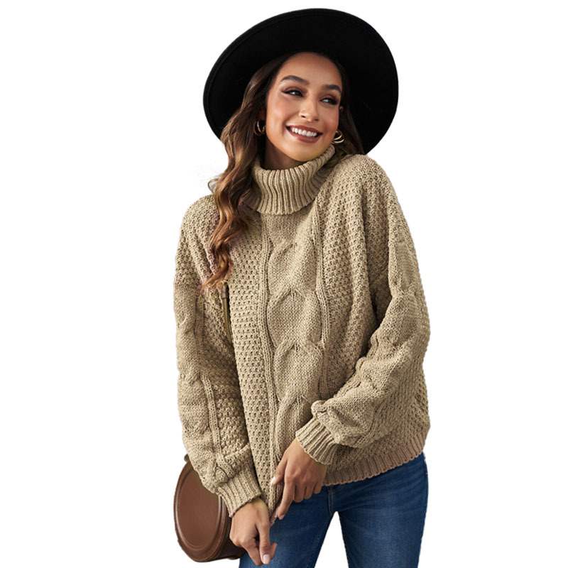 Autumn Winter Solid Color Long Sleeve Knitted High Neck Cotton Top For Women