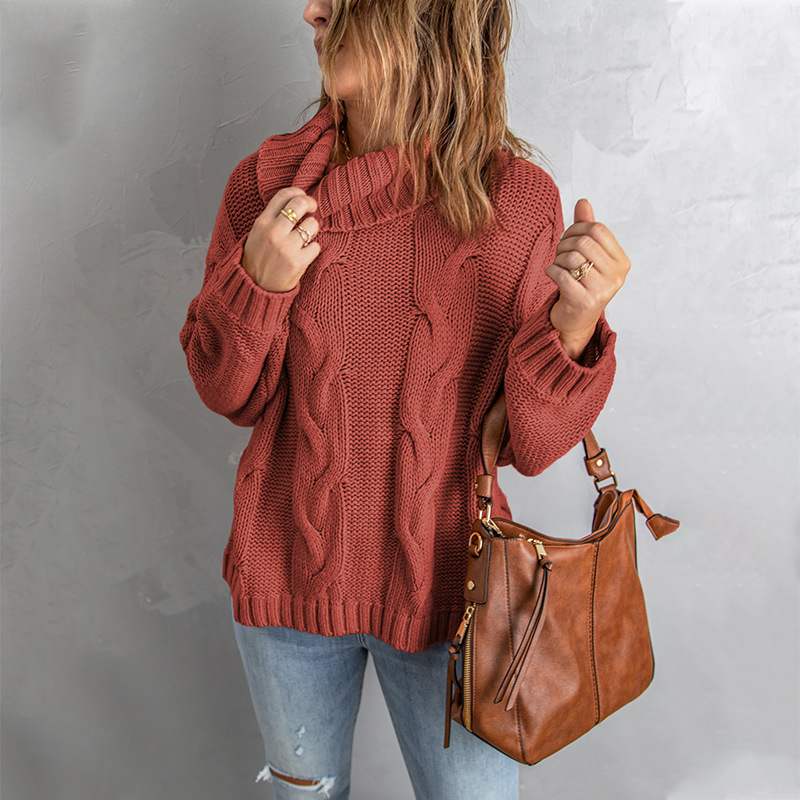 Autumn Winter Solid Color Long Sleeve Knitted High Neck Cotton Top For Women