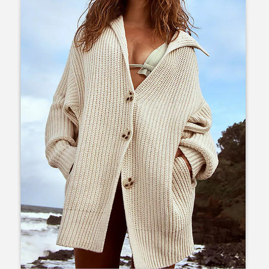 Womens Lapel Pocket Knitted Cardigan Button Mid-length Coat