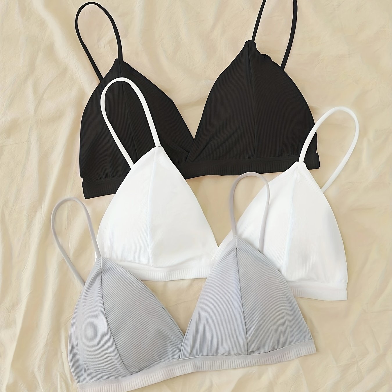 Tbclaim_3 Packs Bralette For Girls Spaghetti Strap Triangle V Neck A-b Cups Bra Padded Wire Free Hook-and-eye Closure