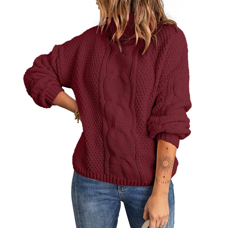 Autumn Winter Solid Color Long Sleeve Knitted High Neck Cotton Top For Women