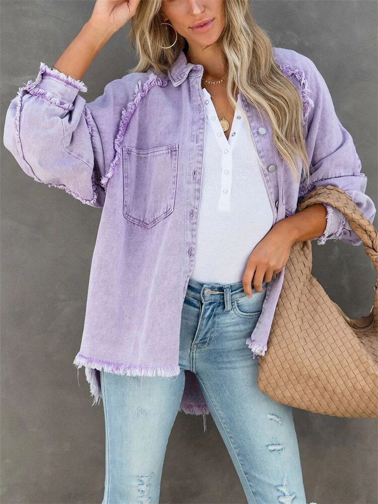 2024 Girls Sweet Pink Loose Shirt Jacket Woman Casual Soft Button Denim Shirts Ladies Chic Solid Pocket Jackets