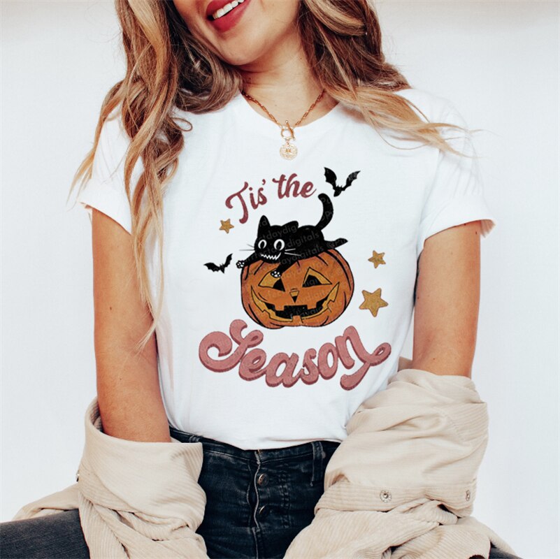 2024 New 90s Halloween White Loose Fashion Casual Plus Size T Shirt Clothes Womens T Shirts Women Cartoon Print Graphic T Shir